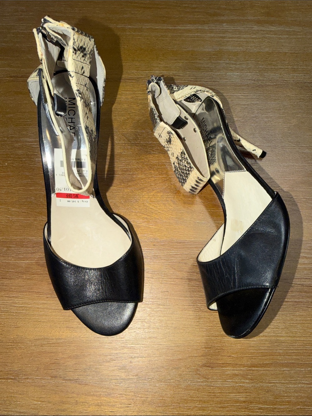 MICHAEL Michael Kors Black Leather Heels with Snakeskin-Print Strap